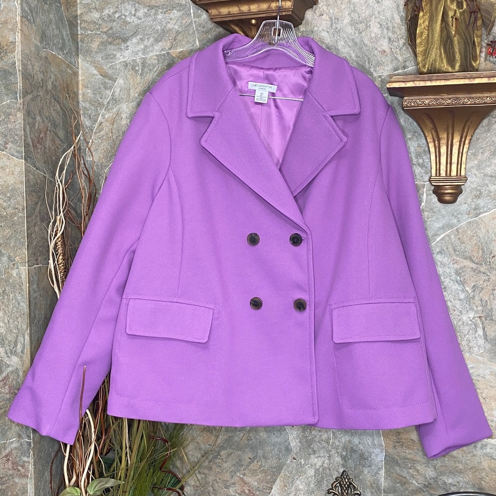 Liz Claiborne suit jacket pea coat blazer, double breasted pockets purple new